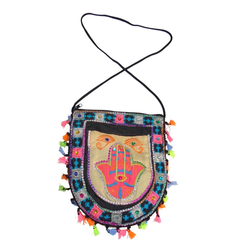 Hamsa Hand Embroidered Crossbody Bag Multicolor Tassel Boho Festival Pouch